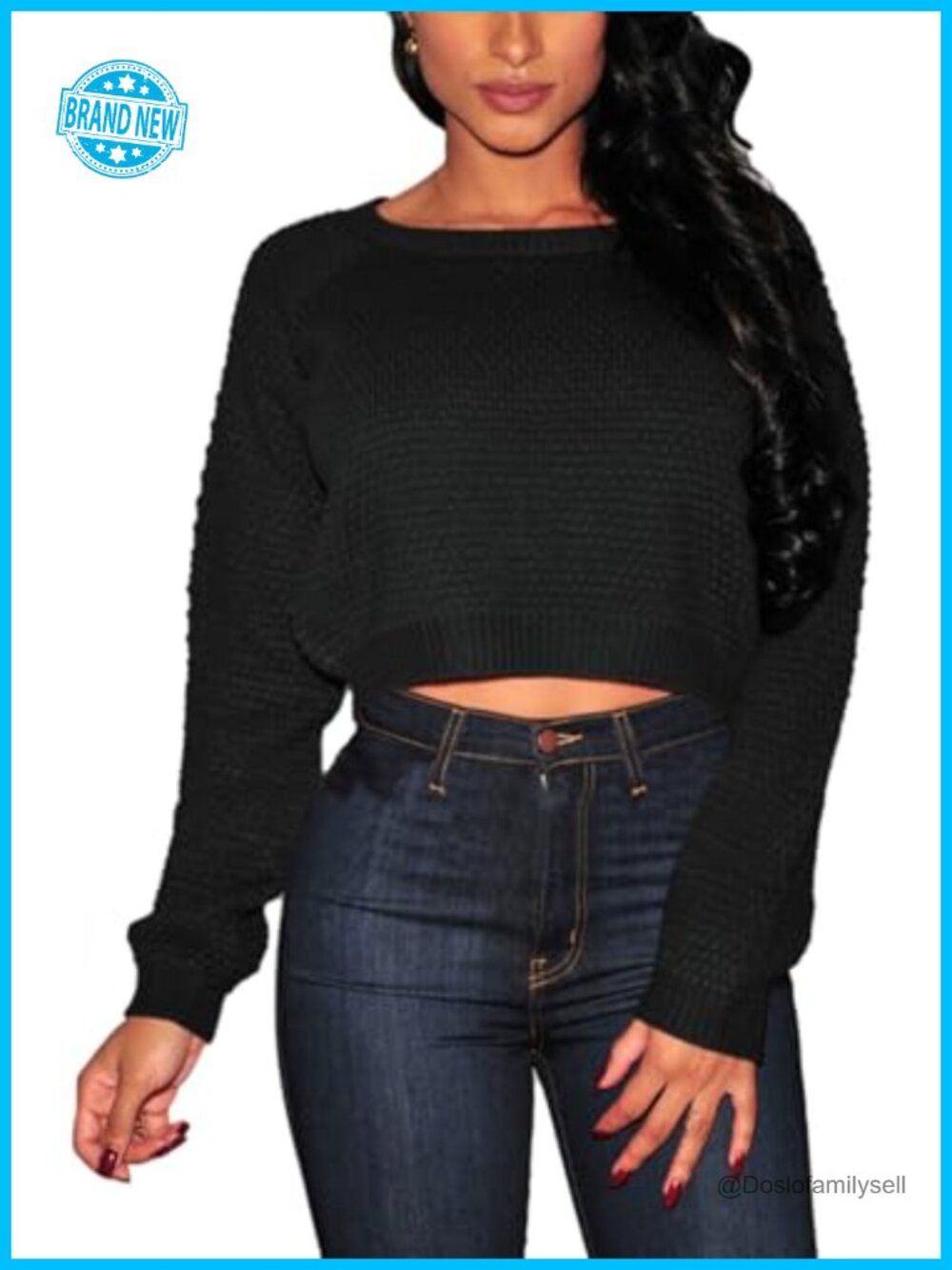 Crop Sweater Womens Crew Neck Ribbed Knit Long Sleeve Pullover